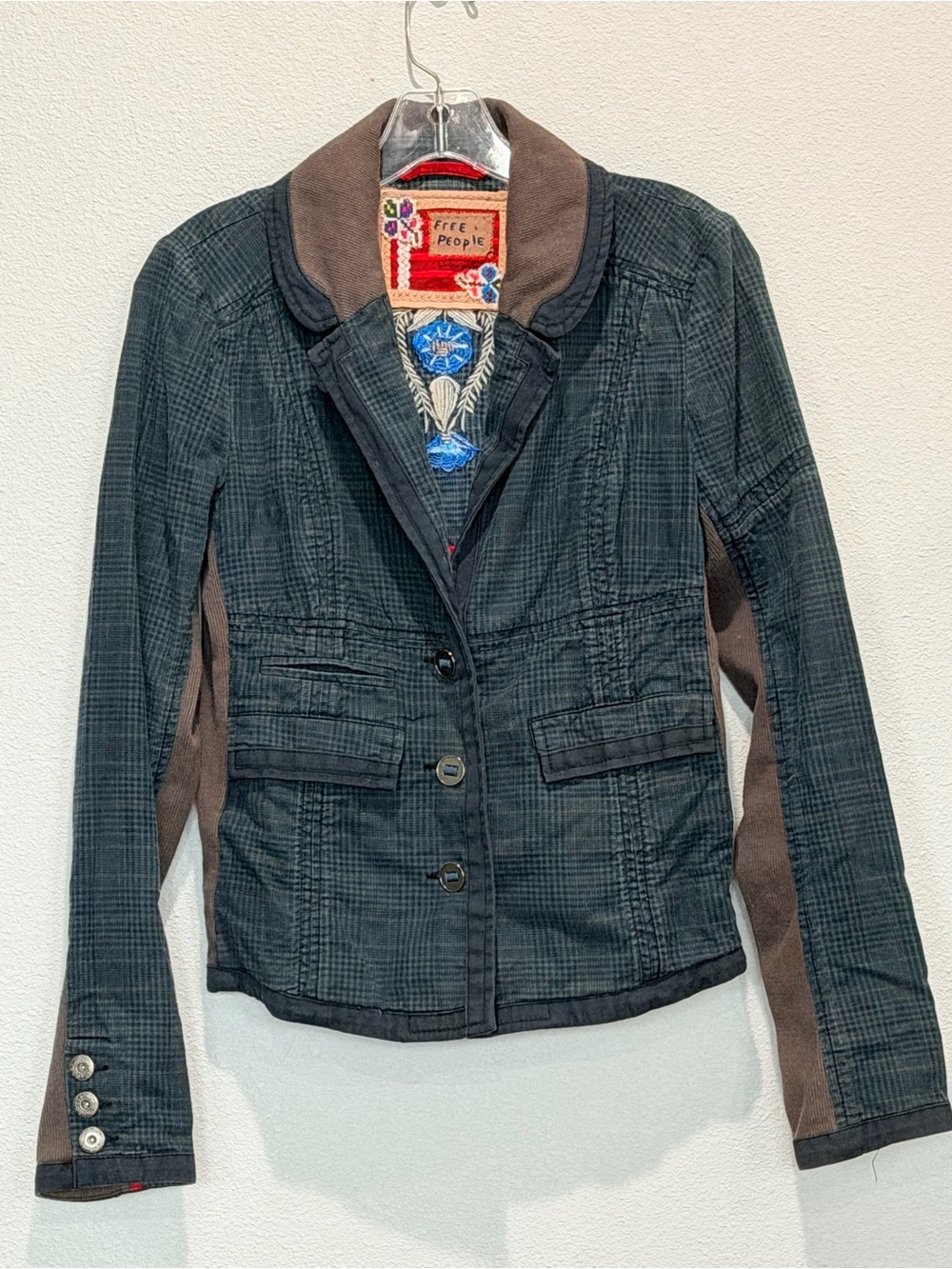 Free People Embroidered Floral Plaid Blazer Jacket M